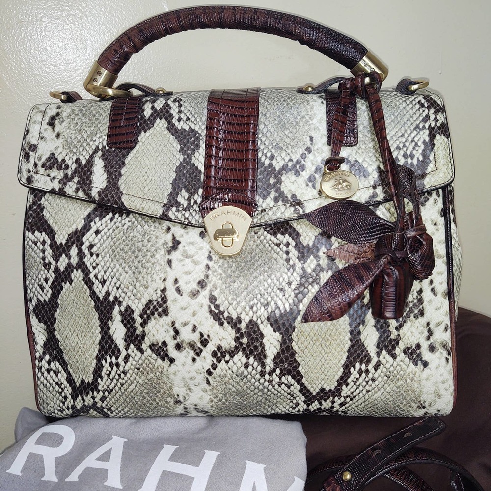 Brahmin Cream and Brown Snake-Print Top-Handle Shoulder Bag